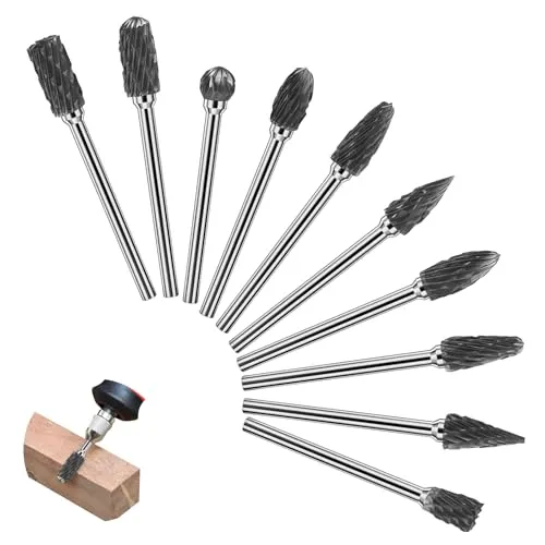 Chiluxendo Holzfräser für Bohrmaschine, 10-Teiliges Hartmetallfräser-Set, Metallfräser für Bohrmaschine mit 3mm Schaft, Hartmetall Frässtifte für Metall, Wolframstahl Wolframcarbid Fräser, Carbide Bur