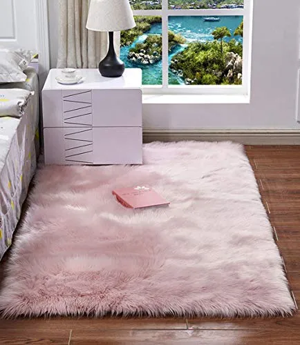 HARESLE Waschbarer Teppich, Lammfell Teppich Wohnzimmer Schlafzimmer Hochflor Longhair Fell Flauschig Weich Modern Fell Imitat Tepich (Rosa/40x60cm)