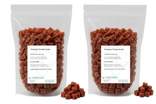 Trainee Treats weich | 2x500g Frischepack mit Zipper | Huhn | Ente | Rind | Lamm | Pferd | Fisch | 1 Kilo Leckerli | Filetwürfel ca. 0,8cmx0,8cm (1000g | 2x500g Frischepack, Ente)