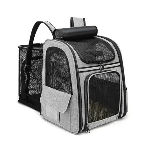 Dogat Erweiterbar Katzenrucksack, Faltbar Katzen Rucksack mit Netzfenster, Atmungsaktiv Katze Transport Rucksack mit Innerer Sicherheitsleine für Katzen bis 17 lbs (8 kg) Wandern, Walken (Grau)