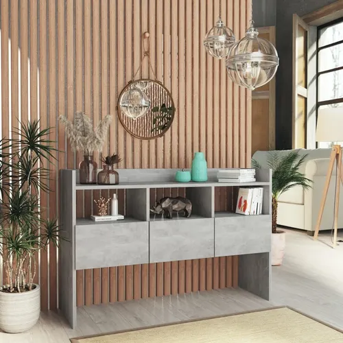 vidaXL Sideboard Betongrau 105x30x70 cm - Moderne Kommode mit 3 offenen Fächern und 3 Schubladen, ideal für Stauraum und Dekoration. Aus langlebigem Holzwerkstoff, leicht zu reinigen und mit Wandhalterung für zusätzliche Sicherheit.