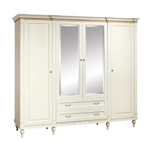 Beige Garderobenschrank mit Spiegel und Schubladen - Eleganter Garderobenschrank (238 x 65 x 211 cm) mit 4 Glastüren und 2 Schubladen, ideal für das Schlafzimmer. Stilvolles Art-déco-Design aus hellem Holz für eine moderne Einrichtung.
