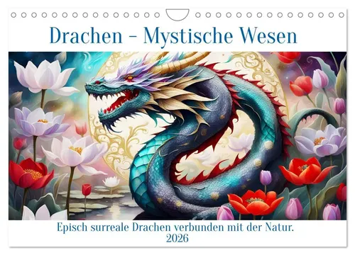 Dusanka Djeric | Drachen - Mystische Wesen 2026 Wandkalender - Wandkalender im DIN A4 Querformat mit 14 episch surrealen Drachenmotiven, die faszinierende Naturkunst präsentieren. Ideal für Kunstliebhaber und Drachenfans.