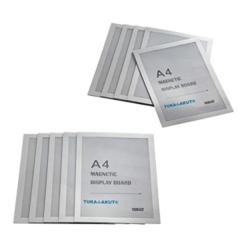 TUKA-i-AKUT 10st. A4 Info-Rahmen Selbstklebend mit Magnetverschluss, Einstecktasche Infotasche Blatthalter, Schnelles Wechseln von Aushängen, Aufklappbarer Magnetrahmen Farbe Silber, TKD8400-A4-10x