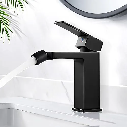 kisimixer Modern Wasserhahn Bad Schwarz, Einhebel Bidetarmatur mit Auslauf Höhe 110mm, Waschtischarmatur für Badezimmer, Eckig Armatur Waschbecken aus Messing, Bidet Wasserhahn, Kein Geräusch