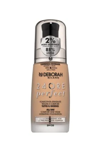 Deborah Milano 24 Stunden Flüssigkeitsfoundation Perfect Feuchtigkeitsspendende SPF 20, N.2 True Beige - Make-up mit Hyaluronsäure für langanhaltende Feuchtigkeit und einen ebenmäßigen Teint. Ideal für empfindliche Haut, angereichert mit Bio-Aloe Vera und Vitaminen.