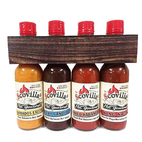 Scovillas Gentle Pack, 4x148ml - Würzsaucen mit 4 feurigen Sorten – BARBADOS EXCITE, FIERY BANDITO, WILD HABANERO und KING NAGA. Ideal für Chili-Liebhaber, die fruchtige Schärfe lieben. Gluten- und lactosefrei, perfekt als Geschenk!