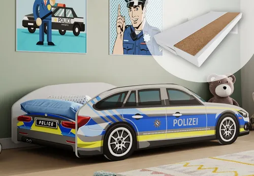 Kids Collective Polizeiauto Kinderbett 70x140 cm - Betten für kleine Polizisten mit Rausfallschutz, niedriger Einstieg und stabiler Konstruktion. Inkl. punktelastischer Kokos-Matratze für sicheren Schlaf und Spiel.