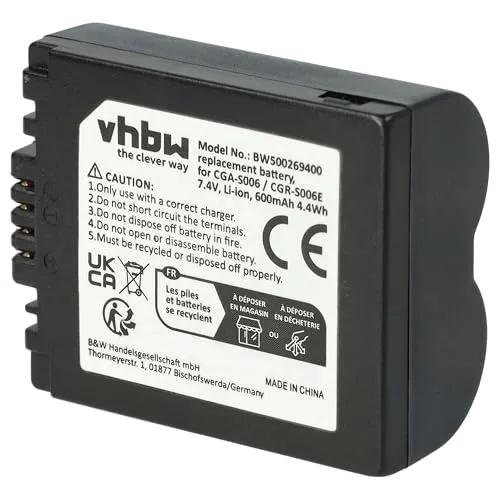 vhbw Akku kompatibel mit Panasonic Lumix DMC-FZ18, DMC-FZ30, DMC-FZ28, DMC-FZ50, DMC-FZ38, DMC-FZ35 Kamera (600 mAh, 7,2 V, Li-Ion)