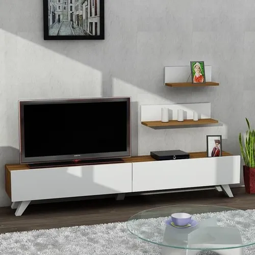 TV Lowboard Weiß - Walnuss Amerika - Moderne TV-Schränke mit praktischem Stauraum für bis zu 61 Zoll Fernseher. Hochwertige Melamin-Oberfläche und flexible Regalgestaltung für jedes Wohnzimmer.