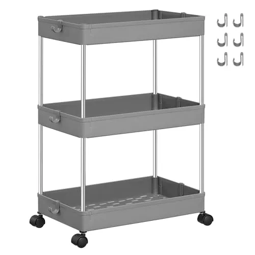 SONGMICS Rollwagen, Küchenwagen mit 3 Ebenen, Nischenregal, Edelstahl | Küchenregal, mit 6 Haken, 360° drehbare Räder, arretierbar, Bad, Küche, Büro, Grau, 23,6 x 42 x 60,6 cm, KSC009G01