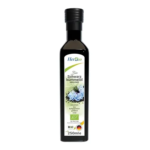 HerbBio Bio Schwarzkümmelöl kaltgepresst Gefiltert 250ml, reich an THYMOCHINON