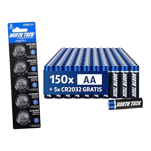 North Tech AA Batterien Ultra Alkaline 150 Stück (2800 mAh) + 5× CR2032 | 1,5V Energiequelle für Geräte mit hohem Verbrauch | Hochleistungsfähig, auslaufsicher & langlebig I 10 Jahre Haltbarkeit