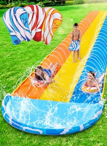 Sloosh 22,5ft x 84in Wellen Dreifach-Garten-Wasserrutsche - Rasen Wasserrutschen mit 3 Bodyboards und integrierten Sprinklern für erfrischenden Wasserspaß – ideal für Gartenpartys und heiße Sommertage!