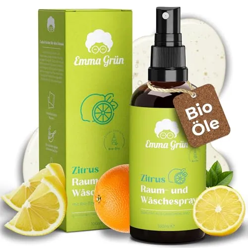 Emma Grün® Zitrus Raumspray 100ml [BIO-QUALITÄT] - Zitrus Spray Geruchsneutralisierer & Textilerfrischer - Zitronen Raumspray - Zitronenöl & Orangenöl - Lufterfrischer für Autoduft & WC Duft