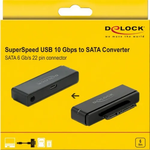 DELOCK 64188 - Konverter SATA 22 Pin > USB 3.1 Type-C - Konverter für 2.5'' und 3.5'' SATA HDDs/SSDs, ermöglicht hohe Datentransferraten bis zu 6 Gb/s über USB 3.1 Type-C, ideal für schnelle Datenübertragungen.