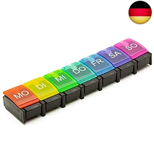 Foubiss - Tablettenbox 7 Tage mit Druckknopf - BPA frei - Medikamentenbox große Fächer - perfekt für Unterwegs - Pillendose 7 Fächer morgens - Bunt