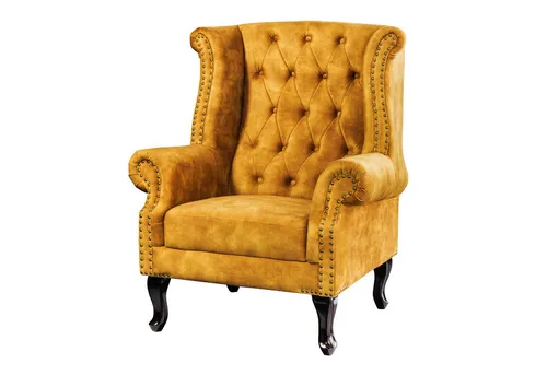 Riess-Ambiente Ohrensessel CHESTERFIELD - Senfgelb & Dunkelbraun - Ohrensessel für Wohnzimmer und Schlafzimmer, mit hochwertigem Samtbezug und Nosagfederung für optimalen Sitzkomfort. Belastbarkeit bis 200 kg.