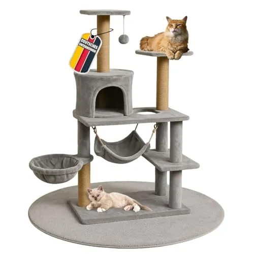 Kratzbaum Holz Grau 37x58x135cm - Modernes Katzenparadies - Aktivitätskratzbaum mit Ruhehöhle, Hängematte & Sisalstämmen - fördert die Gesundheit & das Wohlbefinden Ihrer Wohnungskatze.