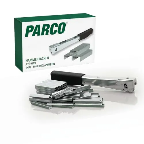 PARCO Hammertacker Typ 019 mit 10.000 Heftklammern - Robuster Tacker aus Stahl, ideal für das Heften von Teppichbändern und Isoliermaterial, mit einfacher Einhandbedienung und langlebiger Bauweise.