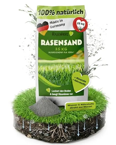 RasenHerz Rasensand 25 kg für dichten, grünen Rasen - 100% natürlicher Rasensand zur Bodenverbesserung und Nährstoffversorgung. Ideal für eine grüne, gesunde Rasenfläche ohne Unkraut. Reicht für 100 m², MADE IN GERMANY.