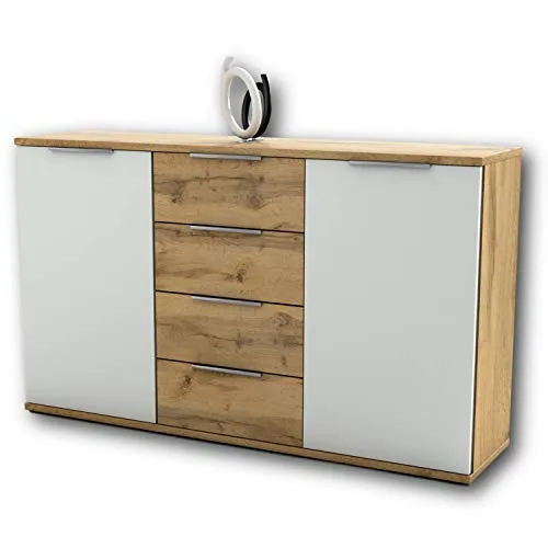 Carryhome Sideboard aus Wildeiche - Kommode mit 4 Schubladen und 2 Türen, bietet viel Stauraum und bringt mit der Kombination aus Wildeiche und Weiß eine waldähnliche Stimmung in Ihr Wohnzimmer.