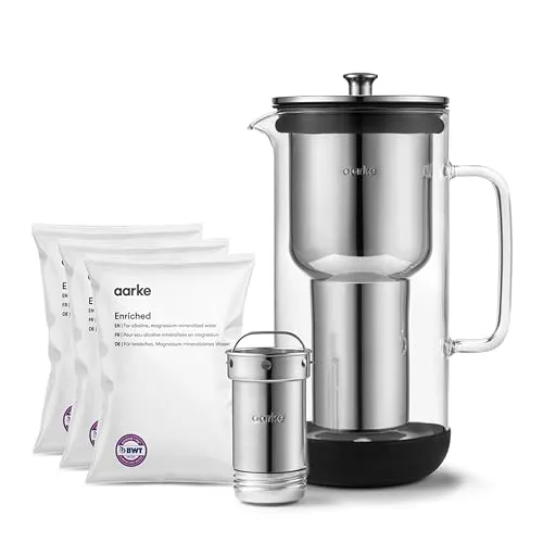 Aarke Purifier, Wasserfilterkanne aus Glas und Edelstahl (2,4 L / 10 Tassen) + 3er-Pack Enriched Filter-Nachfüllbeutel