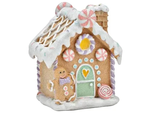 Lebkuchenhaus aus Poly Mint Rosa B10cm H14cm T8cm detailreiche Weihnachtsdeko Winterdeko dekoratives Häuschen für Tisch Fensterbank oder Weihnachtsdorf Festliche Dekoration Sammlerfigur Geschenkidee