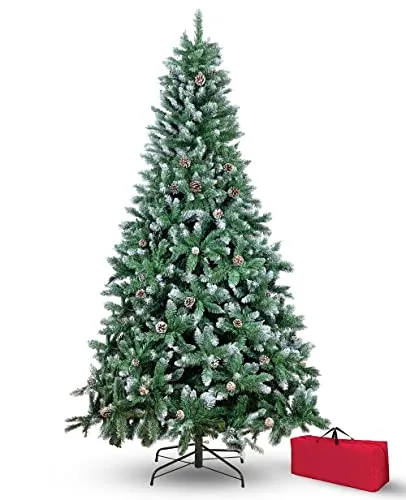 Brigros Künstlicher Weihnachtsbaum, Dicke Kiefernnadel, Taschen, realistisch, Haken, einfache Montage, PVC, Metallbasis, feuerhemmend (150 cm, verschneit)