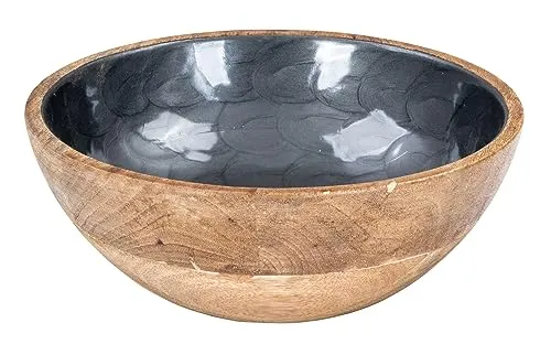 levandeo Schüssel 21cm Mango Holz Grau Perlmutt Emaille Schale Bowl Salatschüssel Deko Servierplatte Tischdeko Dekoration