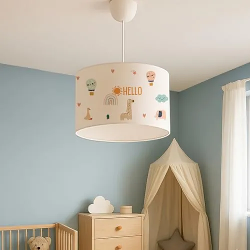 lux.pro Kinderzimmer Lampe Rugby Deckenleuchte E27 LED-geeignet Hängelampe mit Stoffschirm Giraffen-Motiv 70 cm hoch höhenverstellbar Weiß