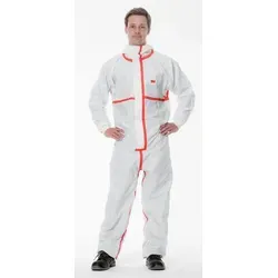 3M 4565 Schutzanzug, weiss+rot, Typ 4/5/6, Grösse M, extrem robust, versiegelte Nähte, Material Nicht-Mikroporöses PE Laminat, besonders fusselarm, abklebbarer Reissverschluss, gestrickte Armbündchen