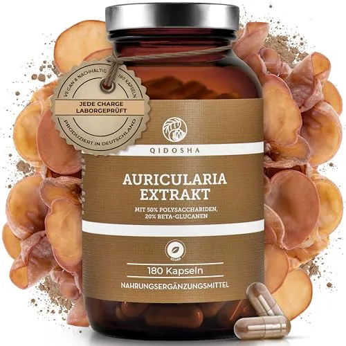 QIDOSHA® Auricularia 40:1 Extrakt Kapseln – 180 hochreine Judasohr Kapseln - Pflanzliches Ergänzungsmittel Pilze mit 500mg hochkonzentriertem 40:1 Auricularia-Extrakt, reich an Polysacchariden und Beta-Glucanen für optimale Bioverfügbarkeit.