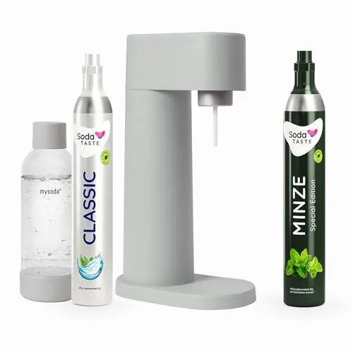 Sparpaket: Mysoda Woody - Wassersprudler aus erneuerbarem Holzkomposit mit 1L BPA-freier Plastikflasche, CO2-Zylinder Classic + CO2-Zylinder Minze (Grau)