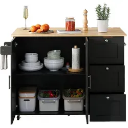 Okwish Kücheninsel, Schwarz, Holzwerkstoff, 135x90x44 cm, Küchen, Küchenmöbel, Kücheninseln