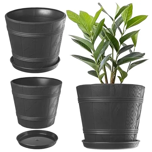 KADAX Blumentopf, Blumenkübel mit Untersetzer, Pflanzkübel für Innen- und Außenbereiche, Holzoptik, wetterfester Pflanztopf aus Kunststoff, Übertopf für Blumen, Garten, Balkon (Ø 17 cm, Grafit)