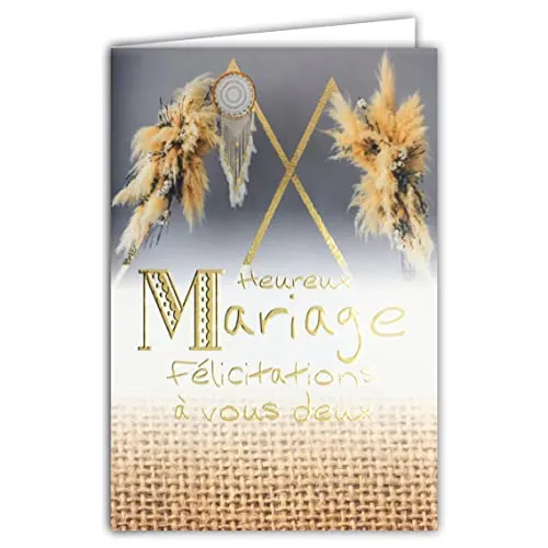 AFIE 63-1153 Glückwunschkarte zur Hochzeit – Herzlichen Glückwunsch an Sie 2 – Goldgold glänzend glitzernd – Umschlag inklusive – Bohemian Chic Trockenblumen Pampa Traumfänger – hergestellt in