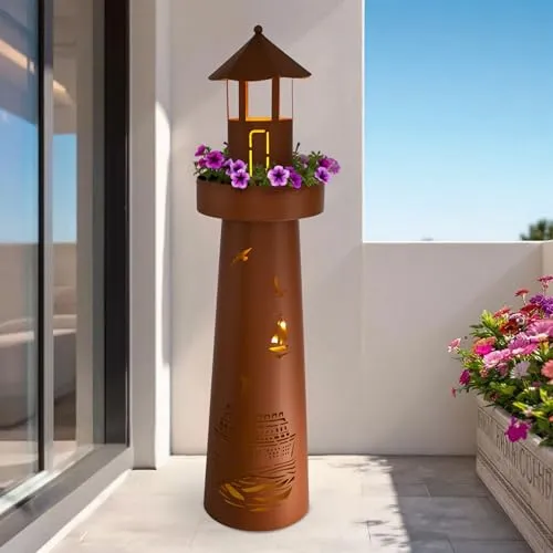 Metall Leuchtturm in Rost Optik mit Pflanzschale und Beleuchtung - 80 cm - Gartenfiguren & Gartenstatuen, maritimer Deko Leuchtturm mit 8 warmweißen LEDs, ideal für Außenbereiche dank IP44 Spritzwasserschutz und praktischer Timer-Funktion.