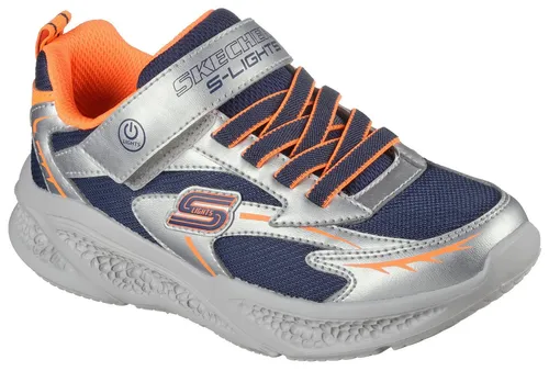 SKECHERS METEOR-LIGHTS Sneaker für Kinder, Gr. 31, bunt - Sneaker für Kinder mit Klettverschluss und Blinkfunktion, ideal für aktive Kids. Hergestellt aus Lederimitat und Textil, sportliches Design in silber-orange.