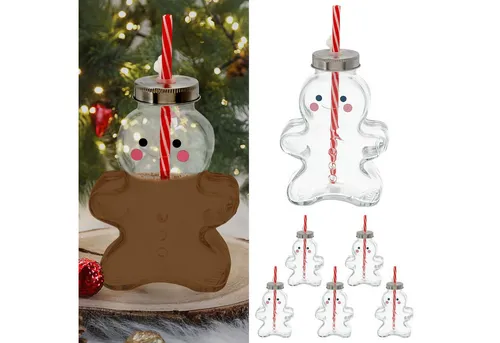 CEPEWA Deko-Glas Trinkglas Lebkuchenmann 6er Set Trinkhalm cm 440ml Motivglas Deckel