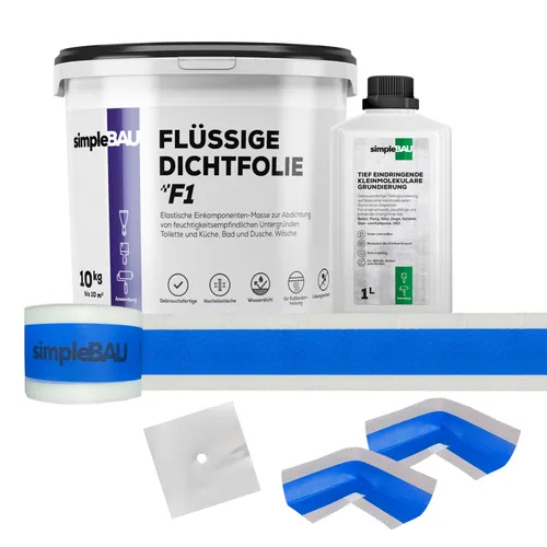 simpleBAU Flüssige Dichtfolie F1 10kg Set - Vielseitiges Dichtset mit 10kg Flüssigdichtfolie, Dichtband und Innenecken für eine zuverlässige Abdichtung in Bauprojekten.