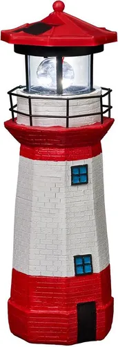 Solar Leuchtturm mit LED Drehlicht für außen | automatische Ein- und Ausschaltung | 28 cm hoch, rot-weiß
