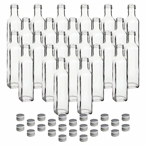 gouveo Trinkflasche Glasflaschen 250 ml Maraska - 24er Set mit Schraub-Deckel - Trinkflaschen: Praktische eckige Glasflasche im Maraska-Design, ideal für Likör, Sirup oder Öl. Luftdicht verschlossen dank Schraubverschluss – perfekt zum Befüllen und Dekorieren!