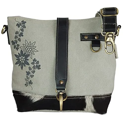 Domelo Damen Trachtentasche. Umhängetasche mit Edelweiß & Hopfenzweig Aufdruck. Graue Crossover Bag in Trachten Vintage- Retro Stil.