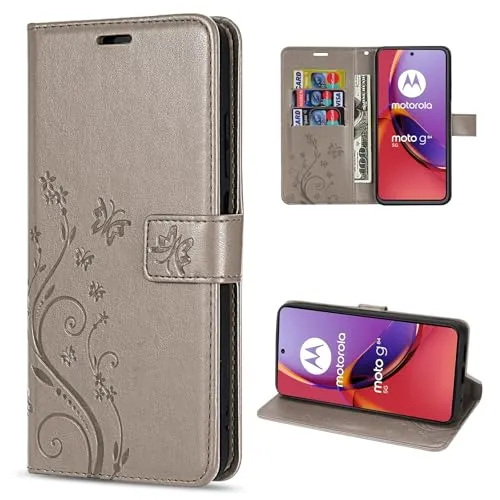 betterfon Hülle Kompatibel mit Motorola Moto G84 | Premium PU Leder Handyhülle Wallet Case für Moto G84 | Schutzhülle Blumen Klapphülle Handyhülle | Grau