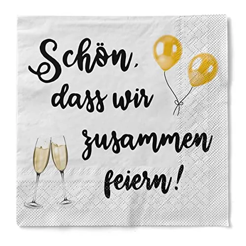 Sovie HOME Serviette | Tissue 33 x 33 cm | saugstarke Einmal-Serviette und hochwertige Einweg-Servietten | Geburtstagsserviette | 20 Stück | Schön, dass wir zusammen feiern/Sekt
