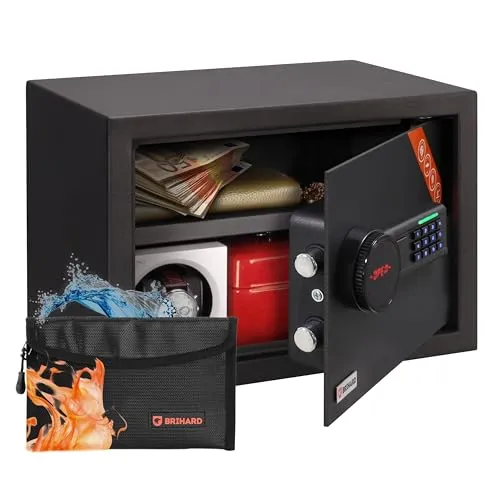 Brihard Family Digitaler LCD Tresor mit Zahlencode & Feuerfeste Dokumententasche, 20L Stahl Safe 25x35x25cm, mit Herausnehmbarer Ablage