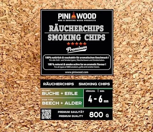 PINI 800 g Räucherchips Buche und Erle gemischt 4-6 mm Smoking Chips Räucherspäne