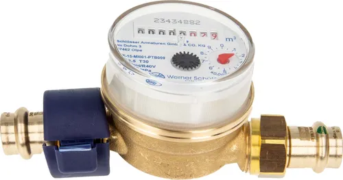 Einstrahlzähler ETK Kombi-Set (Kaltwasser) bis 30 Grad Länge 80 mm, inkl. Verschraubung mit Pressanschluss 18 mm, Plombierschelle