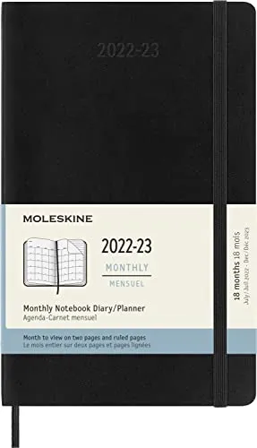 Moleskine Monatsplaner 2023, 18 Monate Kalender, Monatskalender mit Weichem Einband, Maß Large 13 x 21, Farbe: Schwarz